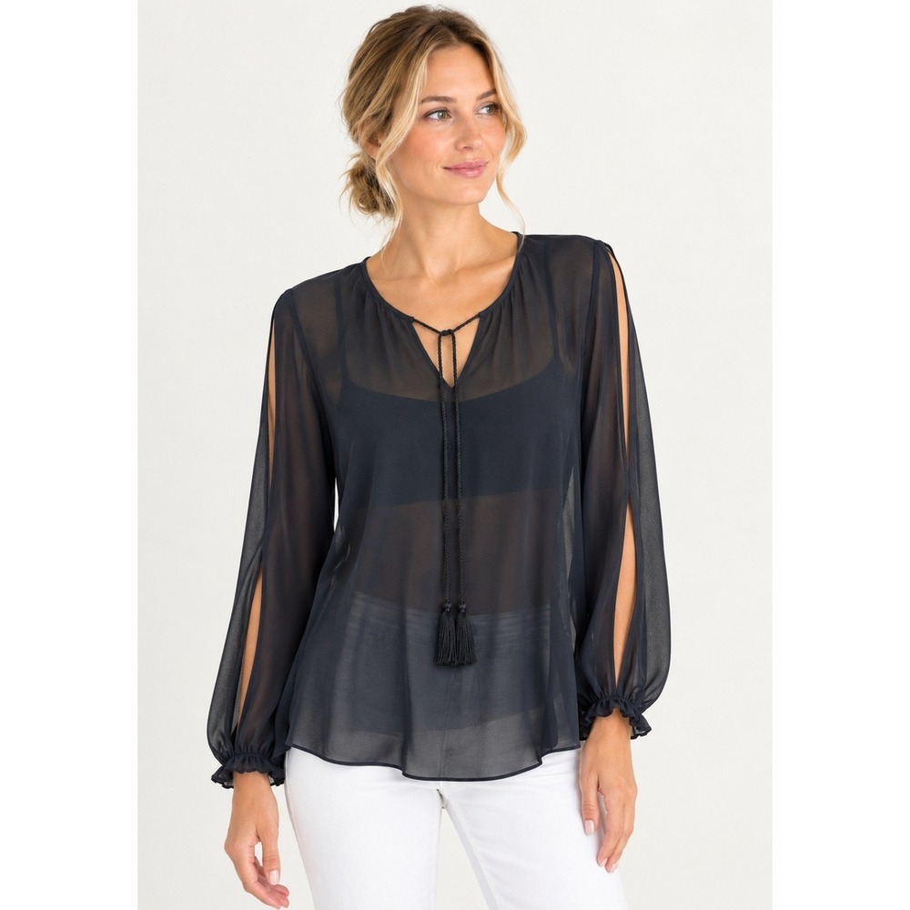St. John Blouse Women M Black NEW Silk Tassel Tie Split Sleeve Sheer Old Money